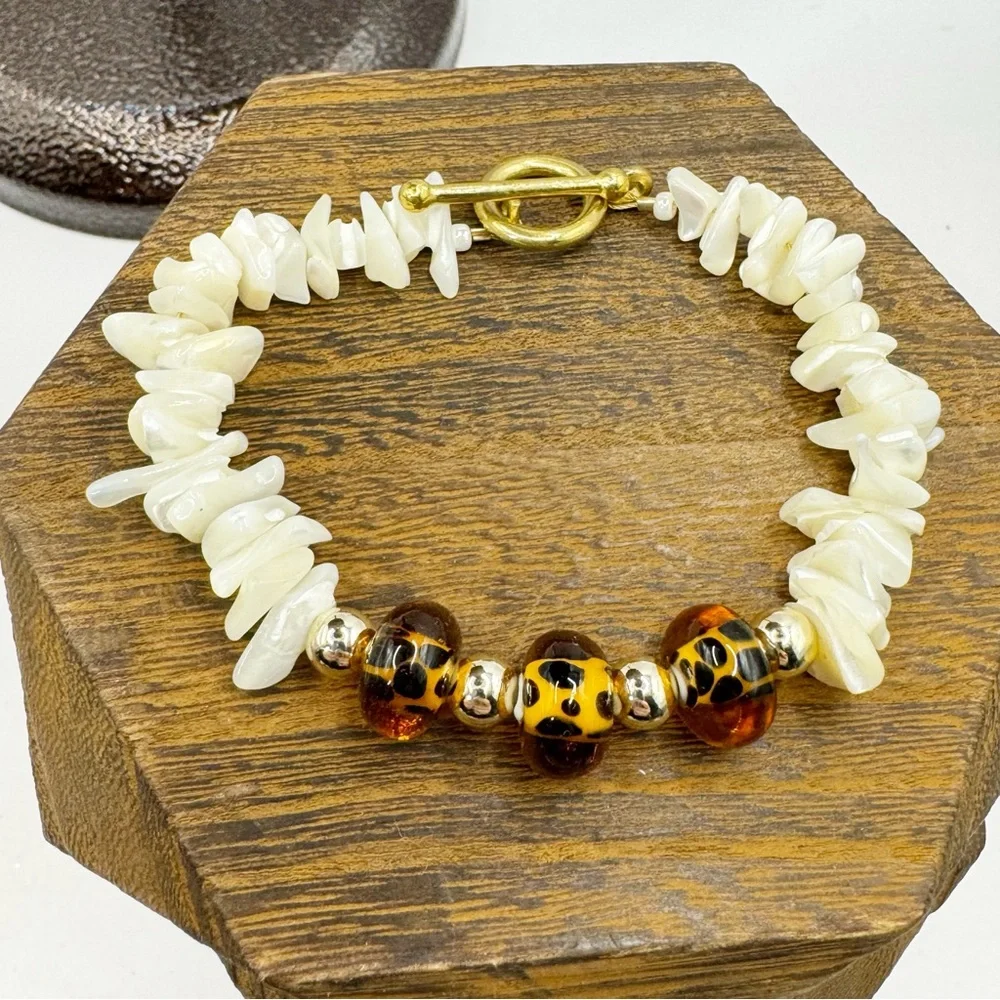 Mother of Pearl and glass leopard print bead toggle closure bracelet